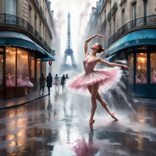 Prompt: <lora:PR Ballet:1.0> 3D,16k, Paris. surreal, 16k ballerina dancer in a whimsical dress, dancing in the misty city street,3D,16k, hyper- splash art, drip art, grunge <lora: <lora:Woodsplash:1.0> PR Ballet:1.0> splash <lora:Grunge-Poster:1.0> <lora:Mystic Mosaics:1.0>