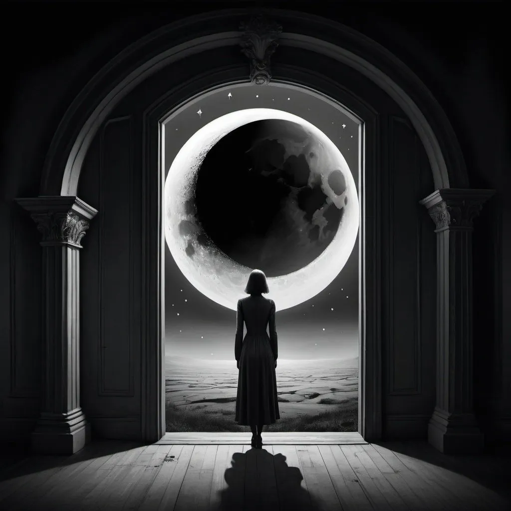 Prompt: Imagine a surrealistic scene that portrays a series of portals, each of which reveals a melancholic, somewhat macabre scene. These scenes could evoke feelings of sadness and gloom, the essence of a melancholic state. The setting is imbued with an overwhelming touch of surrealism as the silky shadows of the moon and stars hang eerily in the sky. This scene is curated with elements of stark double exposure and is stylistically reminiscent of early 20th century illustrative work, primarily done in digital form. <lora:popart and 