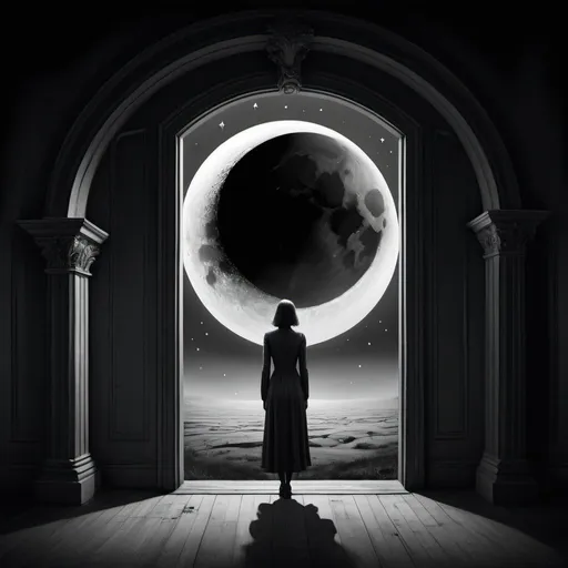 Prompt: Imagine a surrealistic scene that portrays a series of portals, each of which reveals a melancholic, somewhat macabre scene. These scenes could evoke feelings of sadness and gloom, the essence of a melancholic state. The setting is imbued with an overwhelming touch of surrealism as the silky shadows of the moon and stars hang eerily in the sky. This scene is curated with elements of stark double exposure and is stylistically reminiscent of early 20th century illustrative work, primarily done in digital form. <lora:popart and 