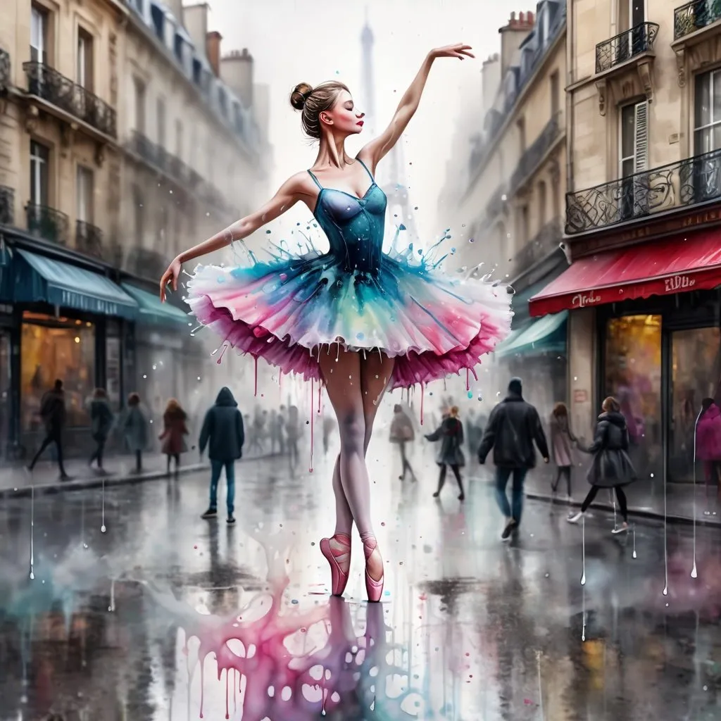 Prompt: <lora:PR Ballet:1.0> 3D,16k, hyper-splash art, abstract, watercolor, drip art, Paris. surreal, 16k ballerina dancer in a whimsical dress, dancing in the misty city street,3D,16k, hyper- splash art, drip art, grunge <lora: <lora:Woodsplash:1.0> PR Ballet:1.0> splash <lora:Grunge-Poster:1.0> <lora:Mystic Mosaics:1.0>