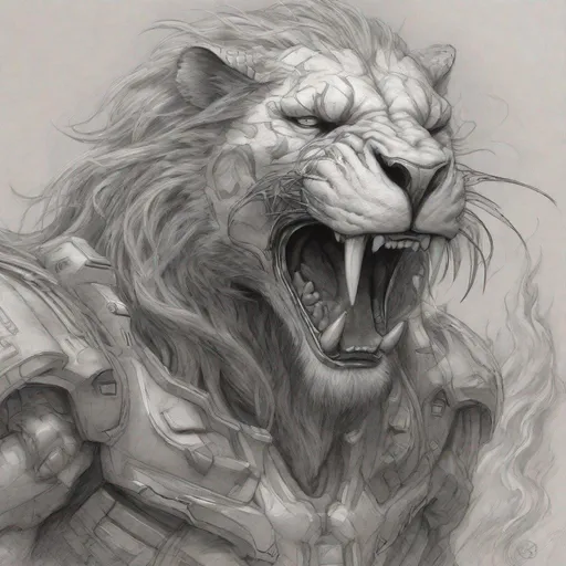 Prompt: Detailed pencil sketch of a realistic lion morphed into a hydra monster, monster paws, high-tech, angry expression, flames in the background, monochrome, high detail, portrait view, realistic, pencil sketch, hydra features, empty sign, robotic armor, high tech, fiery background