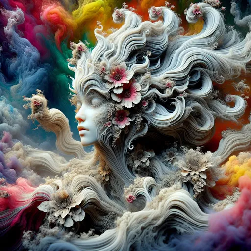 Prompt: A detailed and vibrant apsara elegant, hyper realistic human yet mixed with smoke, made entirely out of smoke and wisps, tangible yet whisp like, surreal, of a woman with flowers, intricate details, surreal, colorful background. professional, high resolution, ultra realistic, dynamic colors and atmosphere