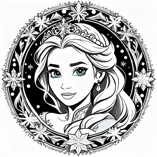 Prompt: monochrome, a circle with border decorated in disney style with snowflakes, ice, winter theme. in the center of the circle a Detailed pencil sketch of a princess Elsa. black and white vector outline, Isolated on white background