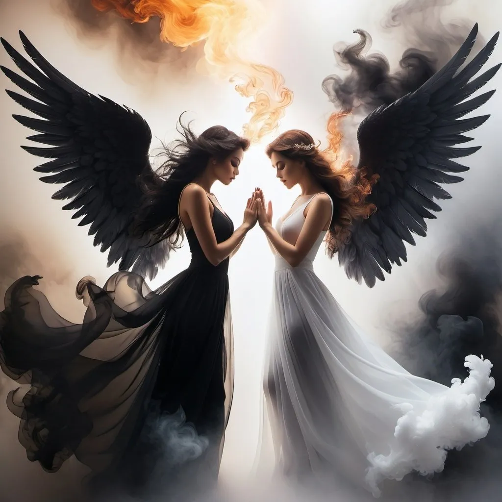 Prompt: left hand of the image is white and right side is black. left side contains depictions of the beautiful clothed angel in airy ethereal forms, surrounded by plumes of smoke and light. the right side contains depictions of demonic succubus surrounded by fire and smoke. seamless gradient blending between left and right sides.