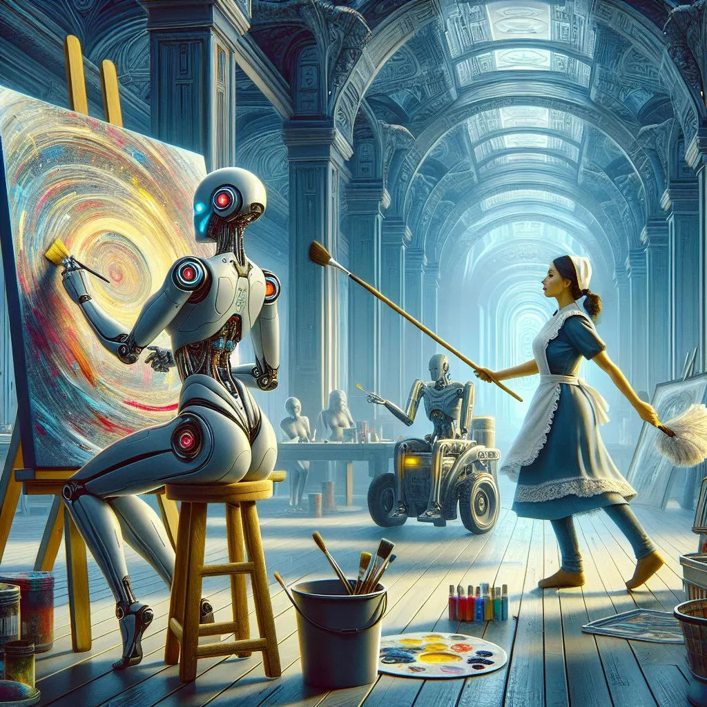 Prompt: Fantasy futuristic illustration. The main subject of the composition is the robot female, an android, busy with painting a large canvas using acrylic paints and brushes in the studio. In the background a female maid is cleaning up the room floor using a mop and a bucket