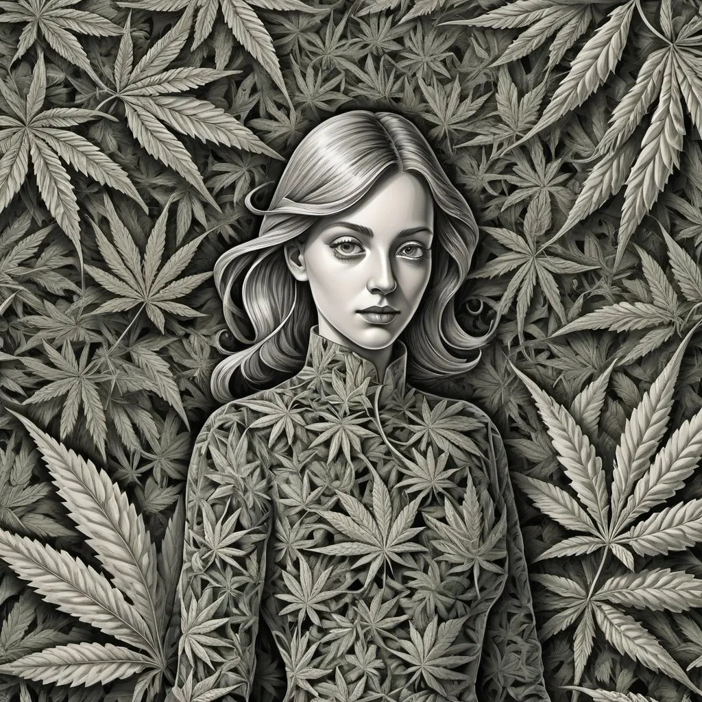 Prompt: MC Escher-style optical illusion of a person in a marijuana leaf dress, high detail shading, professional quality, high detailed outlines, curved shapes and forms, optical illusion plants blending into the background, detailed artwork, intricate design, detailed shading, professional quality, optical illusion, highres, detailed outlines, curved shapes, marijuana leaf dress, detailed shading, unique concept, surreal, intricate details, seamless blending