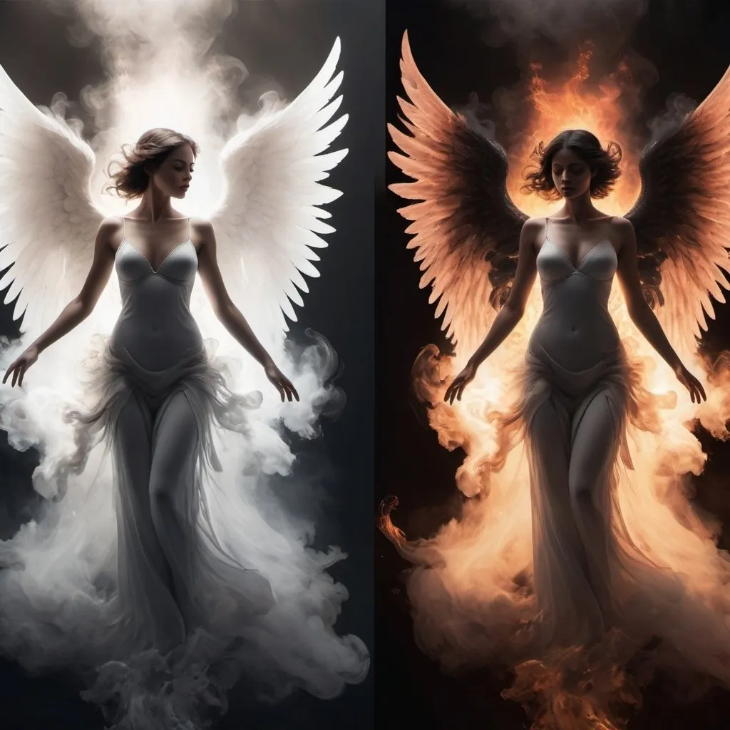 Prompt: left hand of the image is white and right side is black. left side contains depictions of the beautiful clothed angel in airy ethereal forms, surrounded by plumes of smoke and light. the right side contains depictions of a different person, a demonic succubus surrounded by fire and smoke. left side wings are airy and delicate. right side wings are sharp and deadly. seamless gradient blending between left and right sides.