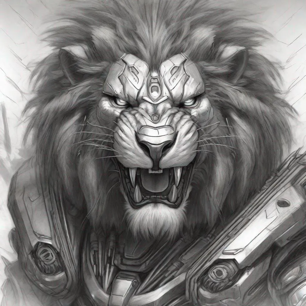 Prompt: Detailed pencil sketch of a realistic lion 
 tech mix, monster paws, high-tech, angry expression, flames in the background, monochrome, high detail, portrait view, realistic, pencil sketch, robotic armor, terminator, sci-fi