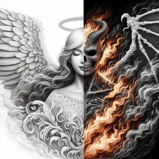 Prompt: professional high detailed sketch illustration of a female angel versus demon as a single female person. left side of the image is white and right side is black. left side contains depictions of the beautiful elegant angel, the right side contains depictions of a different person, a demonic dark angel surrounded by fire and smoke. left side wings are airy and delicate, bringing peace and harmony. right side boned wings are sharp and deadly.  angel vs demon theme, high resolution professional shading, monochrome greyscale high contrast sketch.