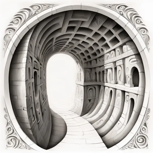 Prompt: Monochrome pencil sketch of an infinite tunnel in the wall, Egyptian ancient style, mysterious shapes and symbols, smoky shapes, curved lines, high contrast, isolated on white background, professional, highly detailed, intricate shading. mc escher style.