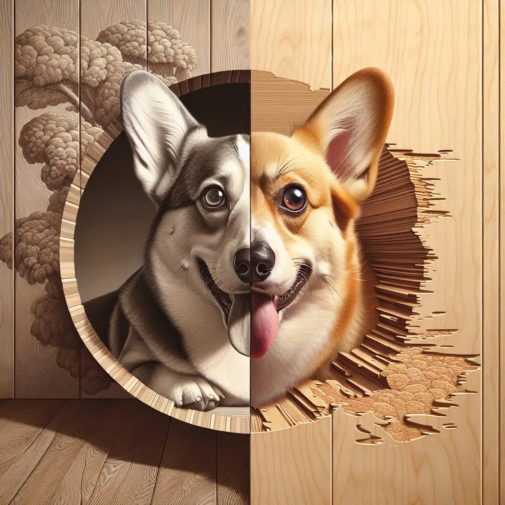 Prompt: a surreal composition with a corgi engraved in the plywood, part of the corgi dog appears as engraved in wood, while the other part appears as a live dog