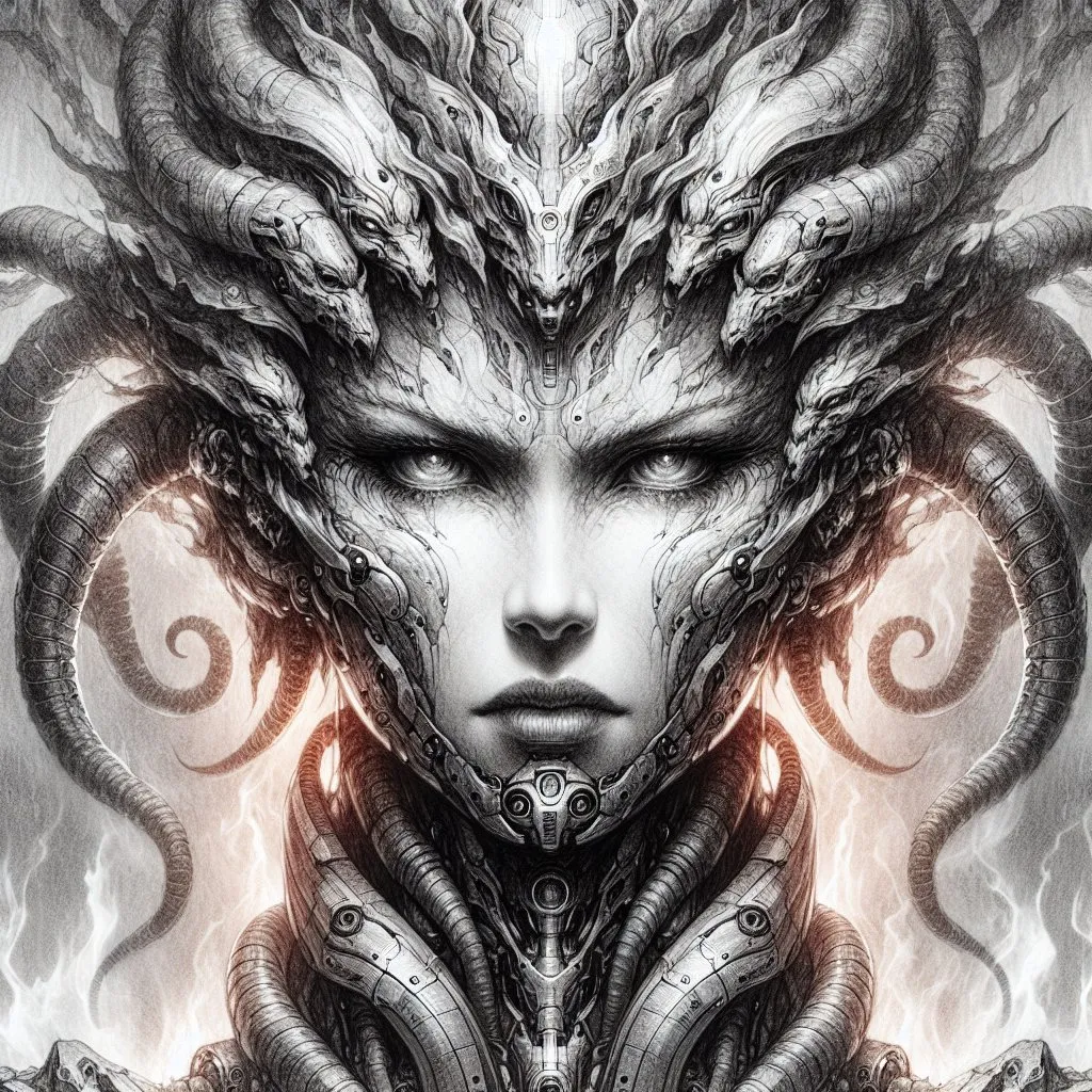 Prompt: Detailed pencil sketch of a realistic weed goddess, high detail and contrast, high detail marijuana symbols, monochrome, portrait view, realistic, pencil sketch, hydra features, angry expression, fiery background, high-tech, robotic armor, high quality, portrait, monochrome, intense gaze, realistic, detailed sketch, high-tech, fiery background