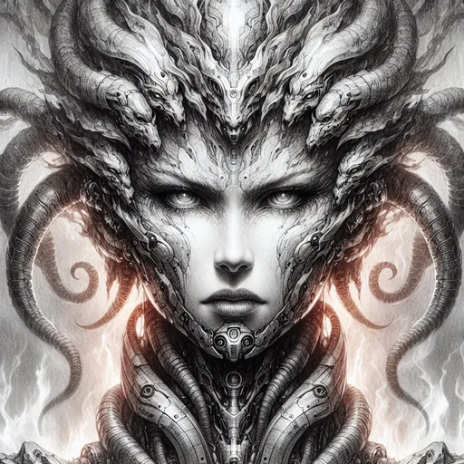 Prompt: Detailed pencil sketch of a realistic weed goddess, high detail and contrast, high detail marijuana symbols, monochrome, portrait view, realistic, pencil sketch, hydra features, angry expression, fiery background, high-tech, robotic armor, high quality, portrait, monochrome, intense gaze, realistic, detailed sketch, high-tech, fiery background