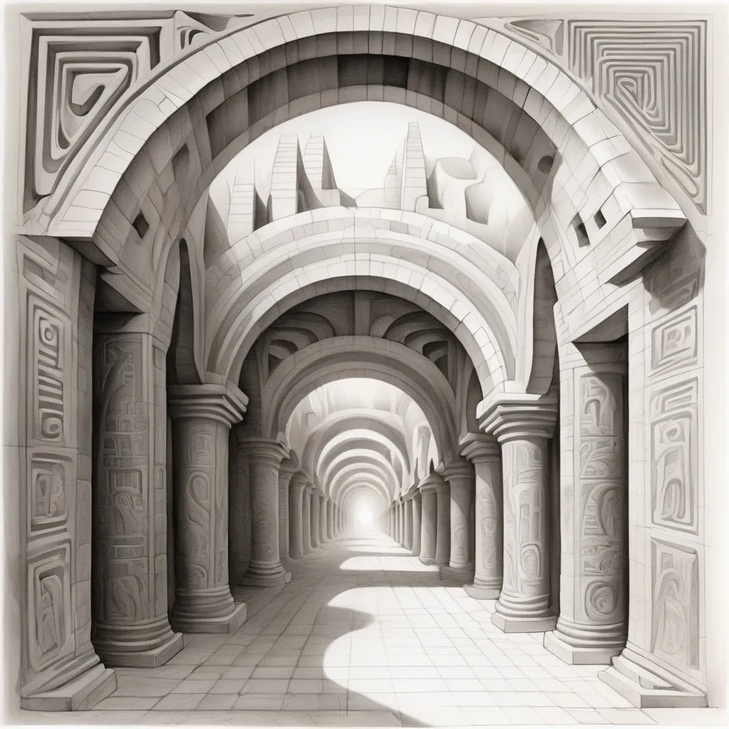 Prompt: Monochrome pencil sketch of an infinite tunnel in the wall, Egyptian ancient style, mysterious shapes and symbols, smoky shapes, curved lines, high contrast, isolated on white background, professional, highly detailed, intricate shading. mc escher style.