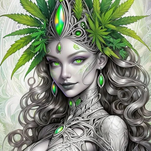 Prompt:  a pencil monochrome drawing glowing post-modern ornamental plasma prowler, sleek lines and intricate patterns, weed and marijuana theme, intertwine to create a sense of futuristic gothic elegance mixed with leaves and foliage. The main subject of the image is a stunningly gorgeous colorful woman dancer with intricately detailed eyes and a perfect body in every way, smiling. Her outfit is weed marijuana themed. This detailed description is depicted in a high-quality photograph, highlighting the intricate details and ethereal atmosphere. The image captures the essence of modern technology and artistry, blending seamlessly in a visually stunning composition that captivates the viewer's imagination. Art By Phil Robinson 