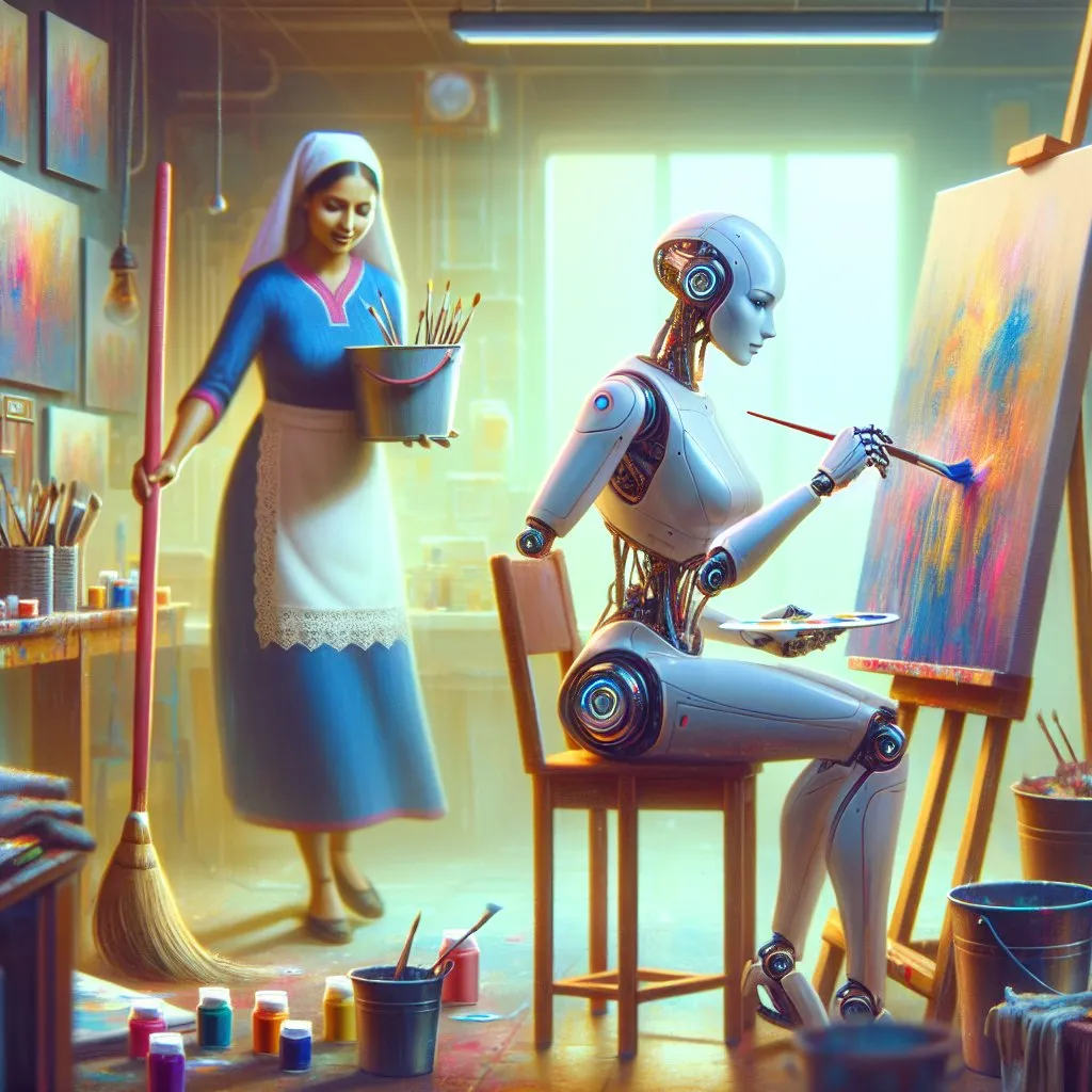 Prompt: Fantasy futuristic illustration. The main subject of the composition is the robot female, an android, busy with painting a large canvas using acrylic paints and brushes in the studio. In the background a female maid is cleaning up the room using a broom, bucket and mop.