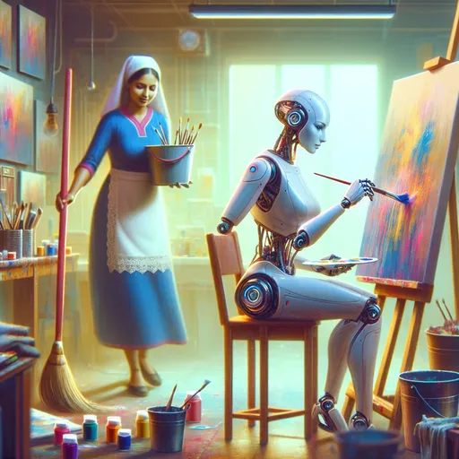 Prompt: Fantasy futuristic illustration. The main subject of the composition is the robot female, an android, busy with painting a large canvas using acrylic paints and brushes in the studio. In the background a female maid is cleaning up the room using a broom, bucket and mop.