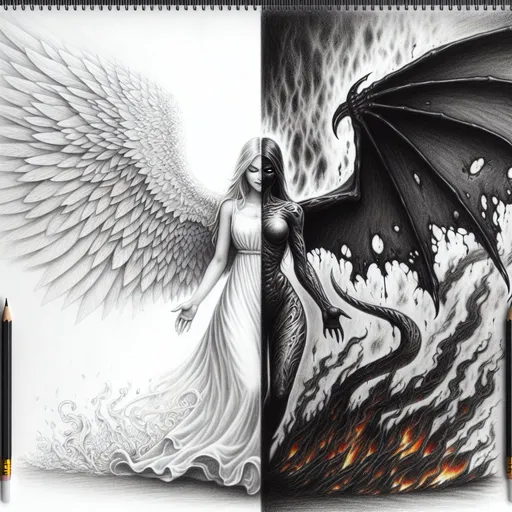 Prompt: pencil sketch of angel versus demon. left side of the image is white and right side is black. left side contains depictions of the beautiful clothed angel, the right side contains depictions of a different person, a demonic succubus surrounded by fire and smoke. left side wings are airy and delicate. right side boned wings are sharp and deadly.  angel vs demon theme, high resolution professional shading