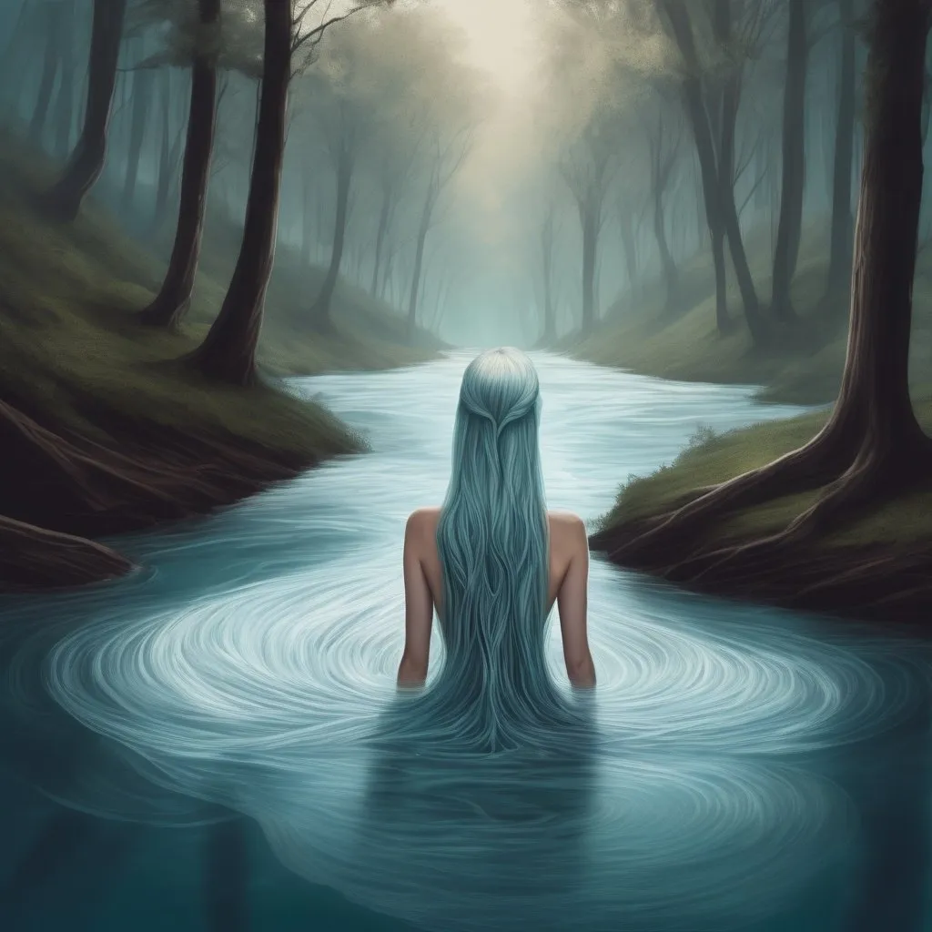 Prompt: A fantasy sketch illustration of a female hair combined with river. Optical illusion. Smooth transitions. Hair is made out of watery texture Enchanted theme, long flowy hair falls down her back, and on the ground becomes a water creek that floats between the forest trees.