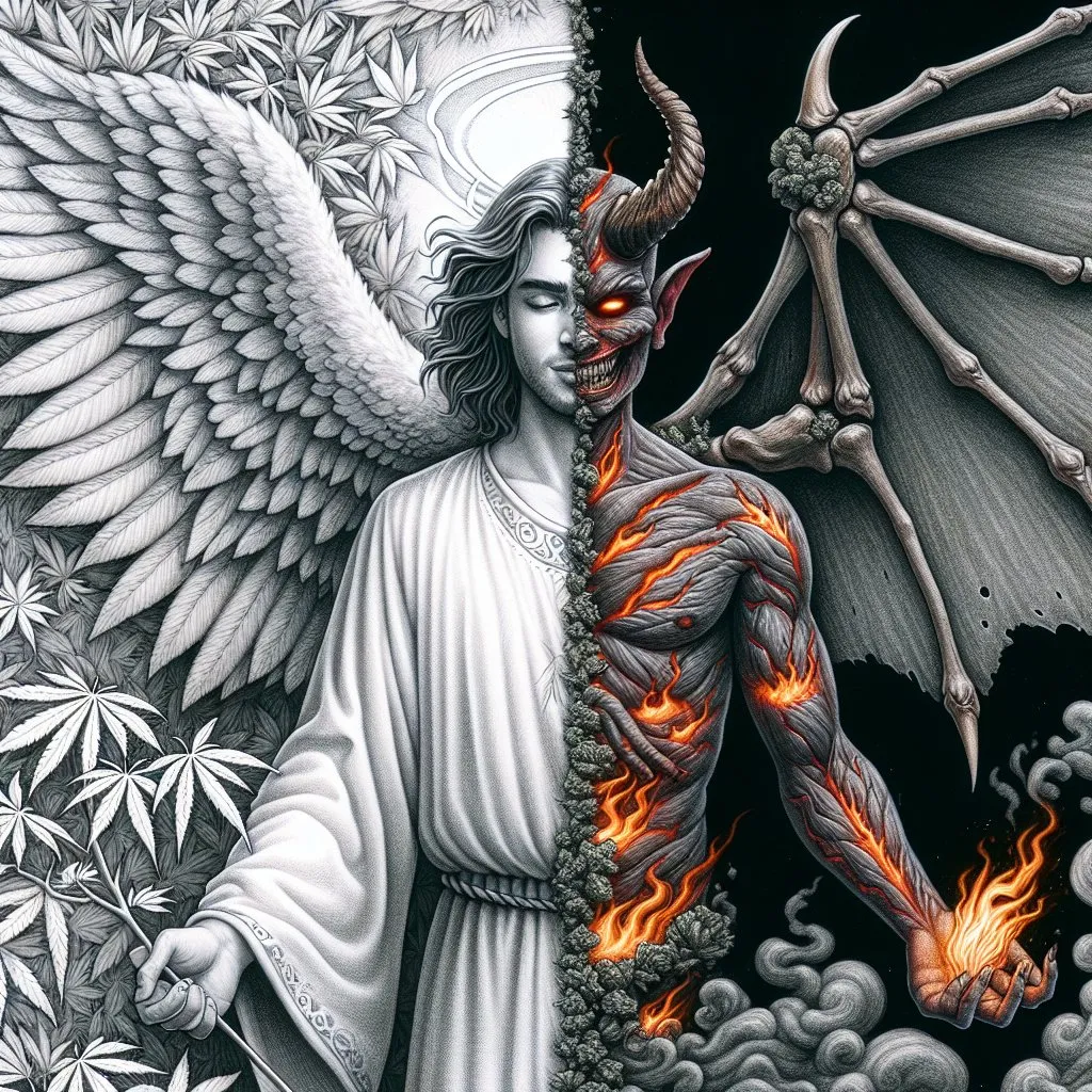 Prompt: professional high detailed sketch illustration of angel versus demon as a single person, marijuana theme. left side of the image is white and right side is black. left side contains depictions of the beautiful clothed angel, the right side contains depictions of a different person, a demonic succubus surrounded by fire and smoke. left side wings are airy and delicate. right side boned wings are sharp and deadly.  angel vs demon theme, high resolution professional shading