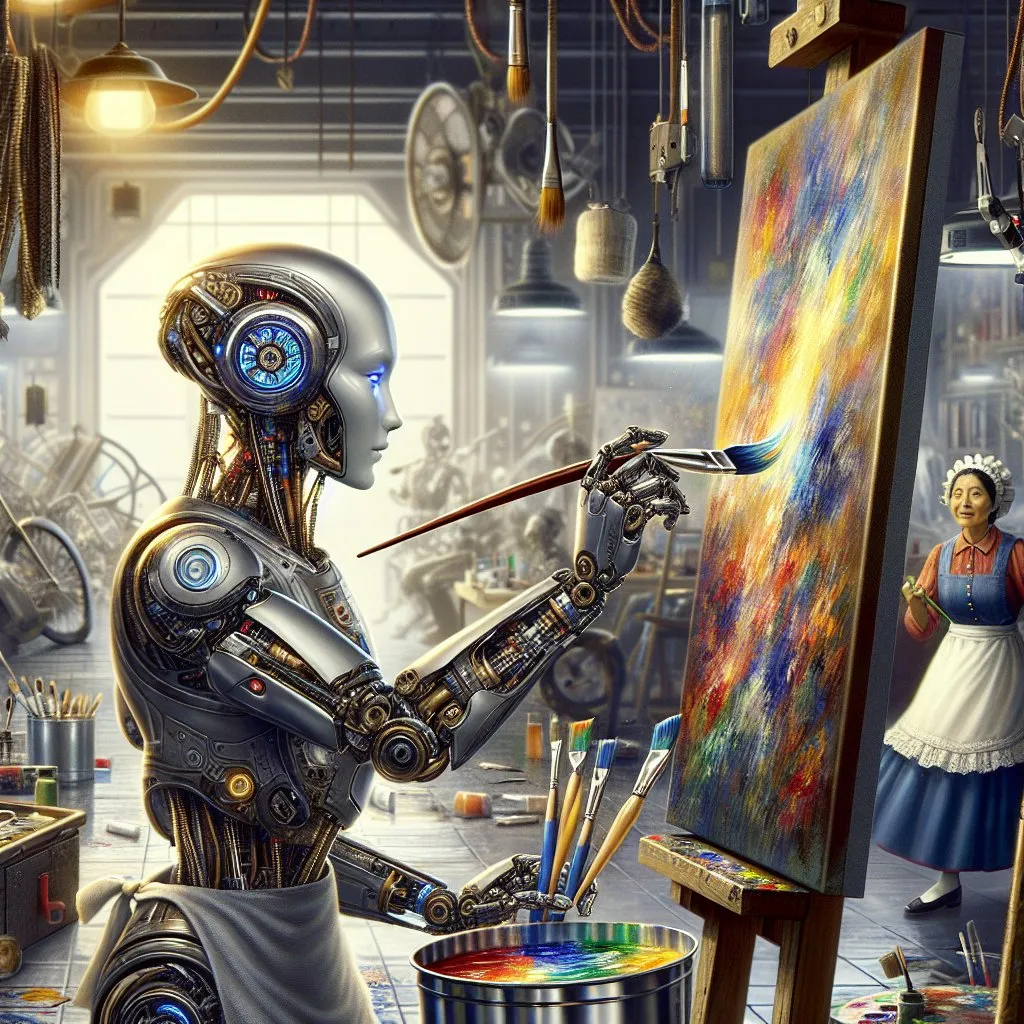 Prompt: Fantasy futuristic illustration. The main subject of the composition is the robot female, an android, busy with painting a large canvas using acrylic paints and brushes in the studio. In the background a female maid is cleaning up the room using a broom, bucket and mop.