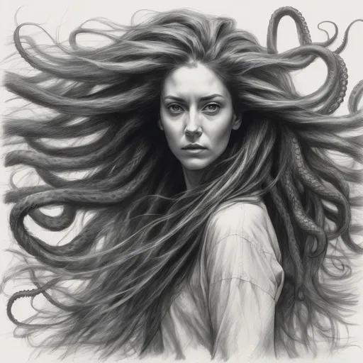 Prompt: portrait sketch of a woman  in strong wind with long hair, her hair shoots forward. fluffy hair,  surreal perspective, optical illusion. her flowing hair transforms into tentacle dreads, that reach towards the viewer. tentacles are spread leaf like, octopus shaped, highres, high detail, detailed face texture, detailed hair, dynamic, studio shot