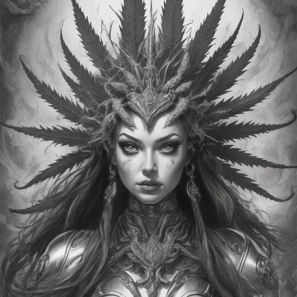 Prompt: Detailed pencil sketch of a realistic weed goddess, high detail and contrast, high detail marijuana symbols, monochrome, portrait view, realistic, pencil sketch, hydra features, angry expression, fiery background, high-tech, robotic armor, empty sign, high quality, portrait, monochrome, intense gaze, realistic, detailed sketch, high-tech, fiery background