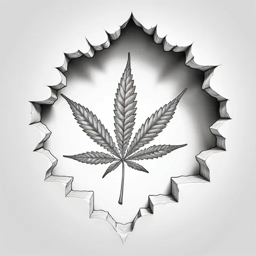 Prompt: Monochrome high detail vector pencil sketch of marijuana shaped hole in the wall, optical illusion, white background, 