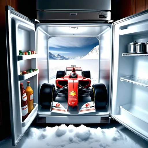 Prompt: Ultra high resolution surreal fantasy rendering of (Formula One car), inside a refrigerator, infinite tundra inside freezer, optical illusion, home kitchen environment, Formula One car racing across snowed tundra, far distance, artistic surreal fantasy rendering, highres, ultra-detailed, tundra landscape, Formula One car, racing, surreal, fantasy, refrigerator interior, distant view, snow-covered landscape