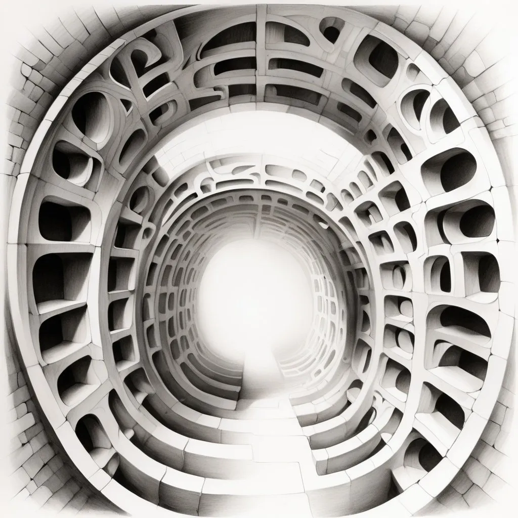 Prompt: Monochrome pencil sketch of an infinite tunnel in the wall, mysterious shapes and symbols, smoky shapes, curved lines, high contrast, isolated on white background, professional, highly detailed, intricate shading. mc escher style.