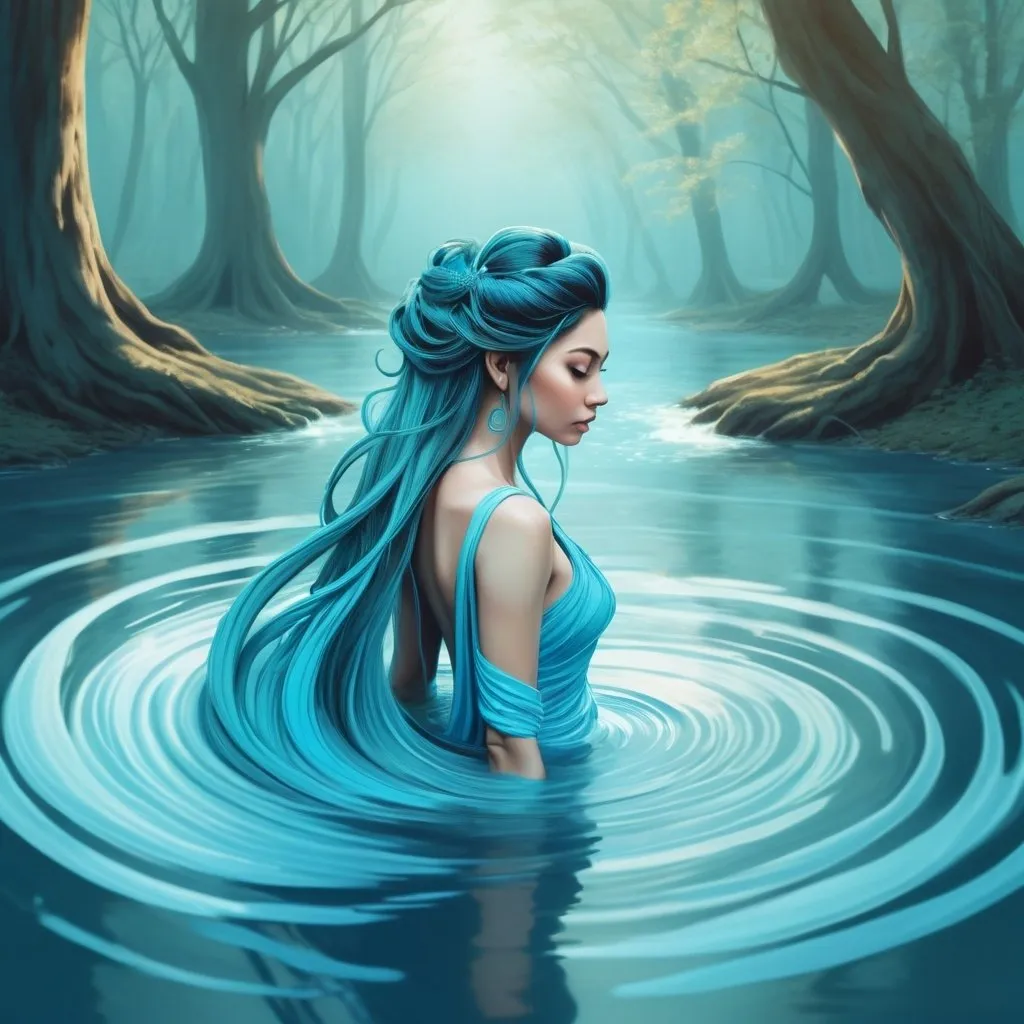 Prompt: An artistic fantasy illustration of a elegant apsara female hair combined with river. Optical illusion. Smooth transitions. elegant lines. Hair is made out of watery texture, whirlpool. blue and cyan colored. Enchanted theme, long flowy hair falls down her back, and on the ground becomes a whirlpool creek that floats between the forest trees. pastel colors, blue theme, side view. dynamic action, professional shading and details.