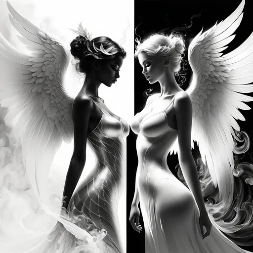 Prompt: pencil sketch. left side of the image is white and right side is black. left side contains depictions of the beautiful clothed angel, the right side contains depictions of a different person, a demonic succubus surrounded by fire and smoke. left side wings are airy and delicate. right side boned wings are sharp and deadly. 