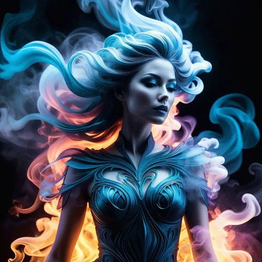 Prompt: Detailed banshee mythological illustration, hyper realistic human figure, made entirely out of smoke and wisps, tangible yet wisplike, surreal, vibrant colors, hyperrealistic, wispy details, surrealistic, mythological, ethereal, vibrant, supernatural, haunting, smoky texture, hyper-detailed, vibrant colors, atmospheric lighting