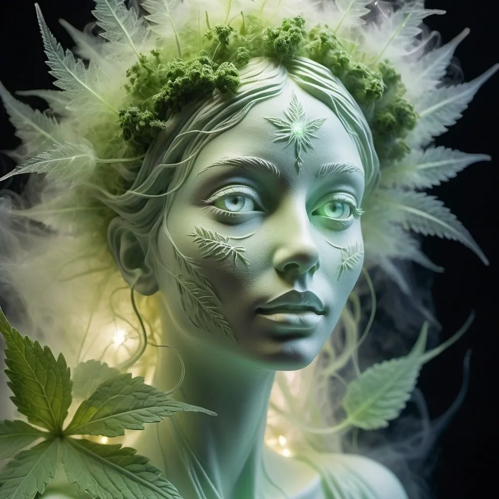 Prompt: Sculpture of a weed themed goddess woman face made of a glowing mist, ethereal and delicate, glowing mist forming a female face with open eyes, transparent and airy, high quality, mystical, surreal, open eyes, delicate shapes, translucent, artistic representation, soft lighting, pastel tones, detailed plumes, artistic, dreamy, fleeting, elegant