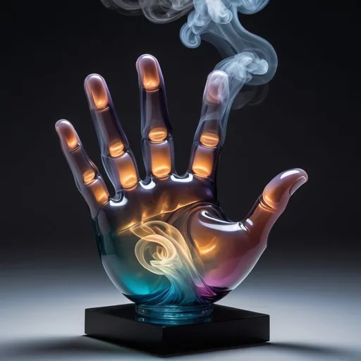 Prompt: sculpture of glass mixed with smoke, shape of a human hand, inner lights, outer lights, ambiet lighting, pastel colors, flumes of smoke, hyper-realistic abstractions, geometric shapes, occult symbols, visual illusions, optical illusions, fractals, infinity, abstract concepts, twists and curves