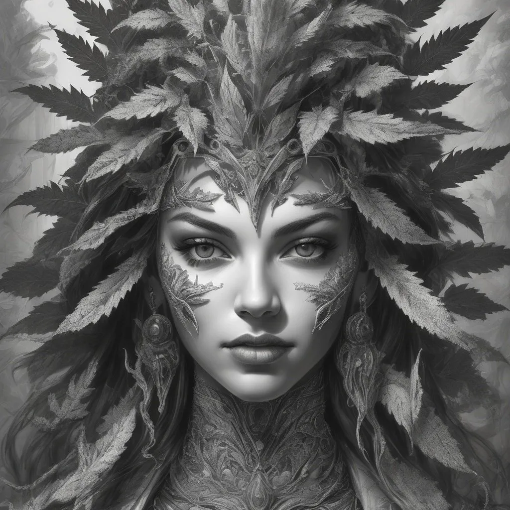 Prompt: Detailed pencil sketch of a realistic weed goddess, high detail and contrast, high detail marijuana symbols, monochrome, intricate leaves, portrait view, realistic, pencil sketch, snake features, fierce angry expression, fiery background, high-tech, robotic armor, high quality, portrait, monochrome, intense gaze, realistic, detailed sketch, high-tech, 