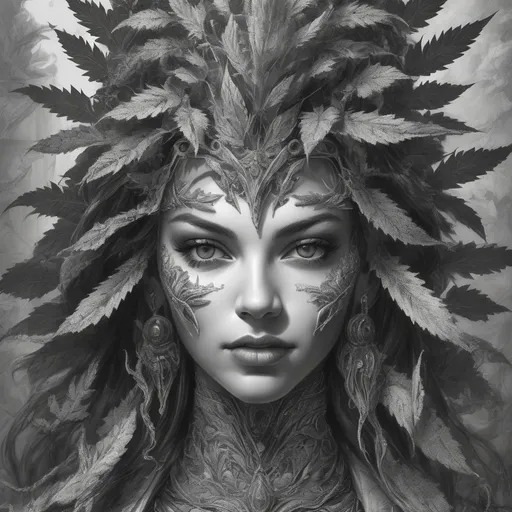 Prompt: Detailed pencil sketch of a realistic weed goddess, high detail and contrast, high detail marijuana symbols, monochrome, intricate leaves, portrait view, realistic, pencil sketch, snake features, fierce angry expression, fiery background, high-tech, robotic armor, high quality, portrait, monochrome, intense gaze, realistic, detailed sketch, high-tech, 