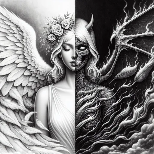 Prompt: professional high detailed sketch illustration of a female angel versus demon as a single female person. left side of the image is white and right side is black. left and right sides seamlessly blend into one another with greyscale gradient in the middle of the image. left side contains depictions of the beautiful elegant angel, the right side contains depictions of a different person, a demonic dark angel surrounded by fire and smoke. left side wings are airy and delicate, bringing peace and harmony. right side boned wings are sharp and deadly.  angel vs demon theme, high resolution professional shading, monochrome greyscale high contrast sketch.