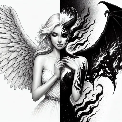 Prompt: professional high detailed sketch illustration of a female angel versus demon as a single female person. left side of the image is white and right side is black. smooth transition between left and right. left side contains depictions of the beautiful elegant angel, the right side contains depictions of a different person, a demonic dark angel surrounded by fire and smoke. left side wings are airy and delicate, bringing peace and harmony. right side boned wings are sharp and deadly.  angel vs demon theme, high resolution professional shading, monochrome greyscale high contrast sketch.