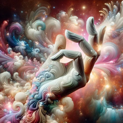 Prompt: mc escher style and salvadore dali, sculpture of glass mixed with smoke, shape of an elegant female hand and wrist palm up  with 5 fingers made out of plumes of colorful smoke mixed with lights and swirls of reflective particles, pastel colors, flumes of smoke, hyper-realistic abstractions, morphed geometric shapes, occult symbols, visual illusions, optical illusions, fractals, infinity, abstract concepts, twists and curves, colorful background, intricate, surreal, psychedelic composition, movement, blur, cosmic universe, galaxies, magical feeling, translucent objects, shapes morphing into one another