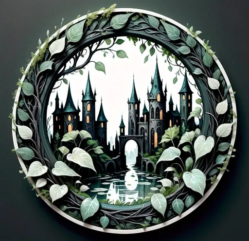 Prompt: enchanted city with foliage, as a circle token, slim outer edge, outer edge adorned with dark style, empty inside the circle, white background, fantasy, pattern illustration