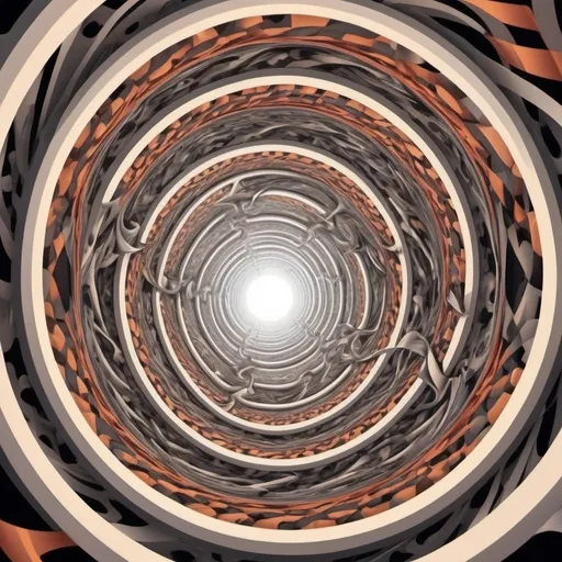 Prompt: surreal composition of the infinite tunnel in 4 dimensions, futurism, mc escher style. composed of vibrant plumes of smoke that intermix with one another, swirls of energy, cosmic power, abstract. high quality composition, professional light
