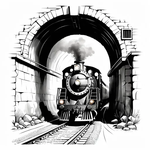 Prompt: Monochrome black and white sketch, isolated on white background. tunnel in a wall. trained is coming out of the tunnel. high detail locomotive. high detailed outline.
