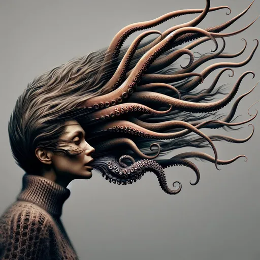 Prompt: portrait sketch of a woman  in strong wind with long hair, her hair shoots forward. fluffy hair,  surreal perspective, optical illusion. her flowing hair transforms into tentacle dreads, that reach towards the viewer. tentacles are spread leaf like, octopus shaped, highres, high detail, detailed face texture, detailed hair, dynamic action, studio shot
