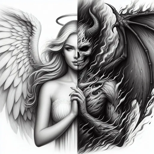 Prompt: professional high detailed sketch illustration of a female angel versus demon as a single female person. left side of the image is white and right side is black. left and right sides seamlessly blend into one another with greyscale gradient in the middle of the image. left side contains depictions of the beautiful elegant angel, the right side contains depictions of a different person, a demonic dark angel surrounded by fire and smoke. left side wings are airy and delicate, bringing peace and harmony. right side boned wings are sharp and deadly.  angel vs demon theme, high resolution professional shading, monochrome greyscale high contrast sketch.