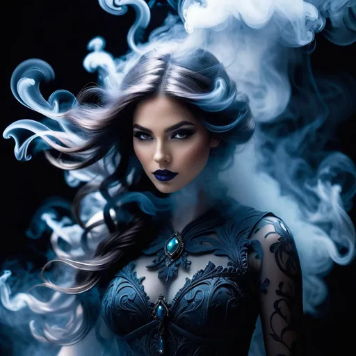 Prompt: Detailed Lilith mythological photo, hyper realistic human figure, made entirely out of smoke and wisps, tangible yet wisplike, surreal, dark colors, hyperrealistic, wispy details, surrealistic, mythological, ethereal, vibrant, supernatural, haunting, smoky texture, hyper-detailed, dark colors, gloomy theme lighting