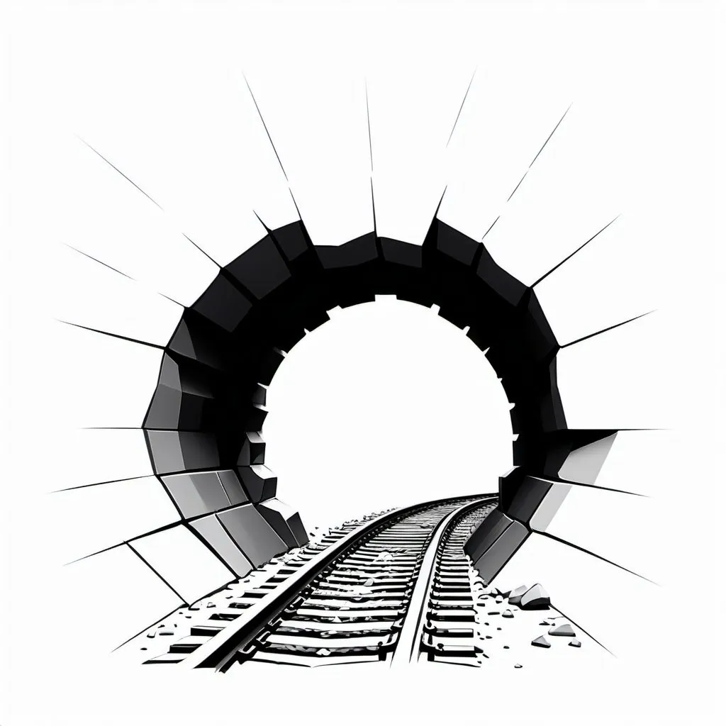 Prompt: Monochrome black and white sketch of a hole in a wall, isolated on a white background, minimalistic, train tracks emerging from the hole, flat design, isolated, simple, high contrast, detailed sketch, black and white, minimalistic design, isolated hole, train tracks, monochrome, sketch, highres