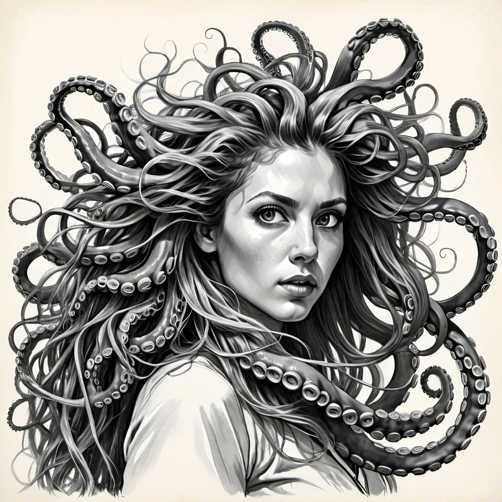 Prompt: portrait sketch of a woman  in strong wind with long hair, her hair shoots forward. fluffy hair,  surreal perspective, optical illusion. her flowing hair transforms into tentacle dreads, that reach towards the viewer. tentacles are spread leaf like, octopus shaped, highres, high detail, detailed face texture, detailed hair, dynamic action, studio shot