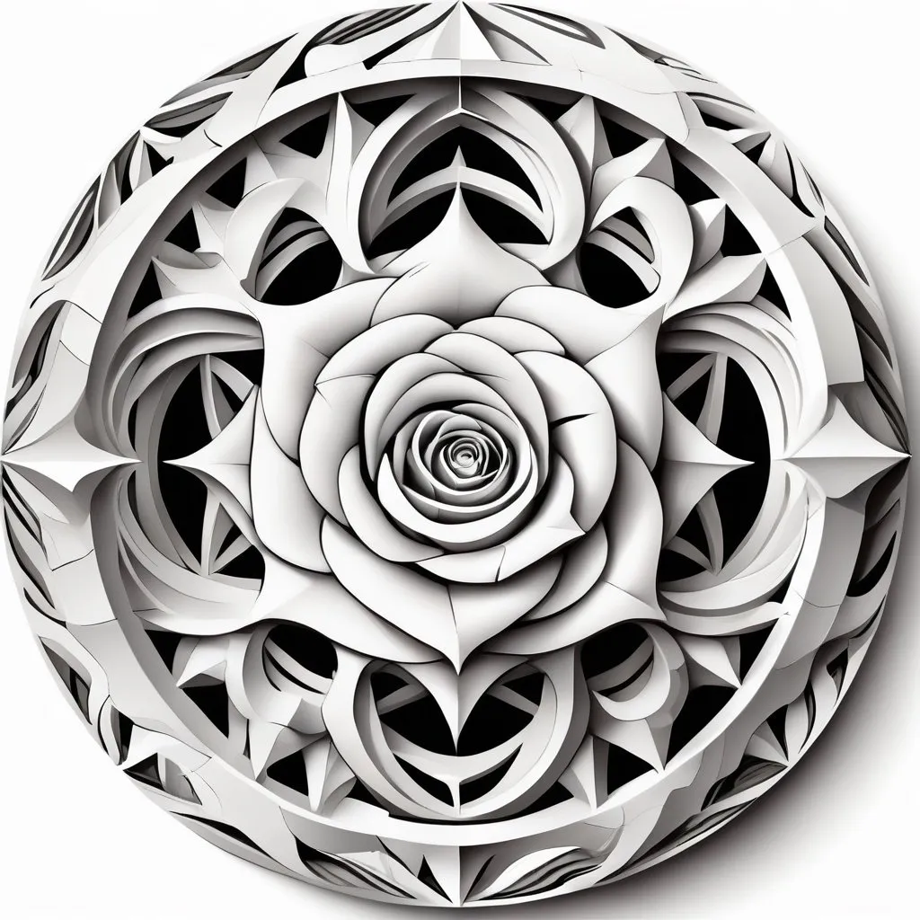 Prompt: isolated on white background, stargate mc escher style mixed with expressionism, use rose as a symbol, 4th dimension, black and white, professional shading, isolated on white background, linocut vector, futuristic, abstract, illusions, weird, strange, 
