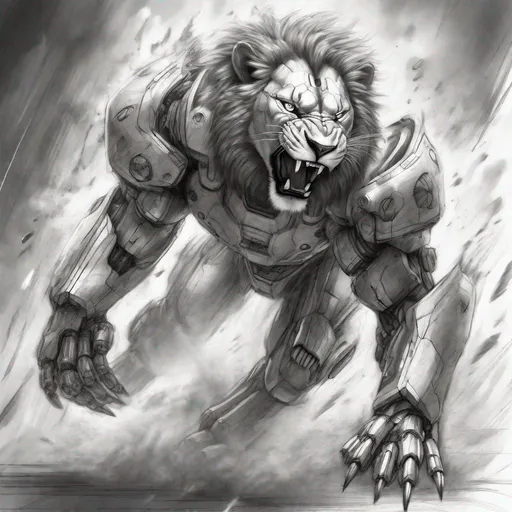 Prompt: Detailed pencil sketch of a realistic lion 
 tech mix in battle, dynamic angle, fierce fight, motion blur, monster paws, high-tech, angry expression, flames in the background, monochrome, high detail, action in movement, dynamic, realistic, pencil sketch, robotic armor, terminator, sci-fi